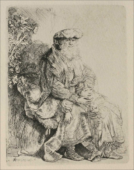 Abraham Caressing Benjamin, vintage artwork by Rembrandt van Rijn, 12x8" (A4) Poster