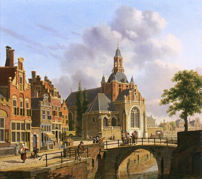 A Church along a Canal, Holland, vintage artwork by Jan Hendrick Verheyen, 12x8" (A4) Poster