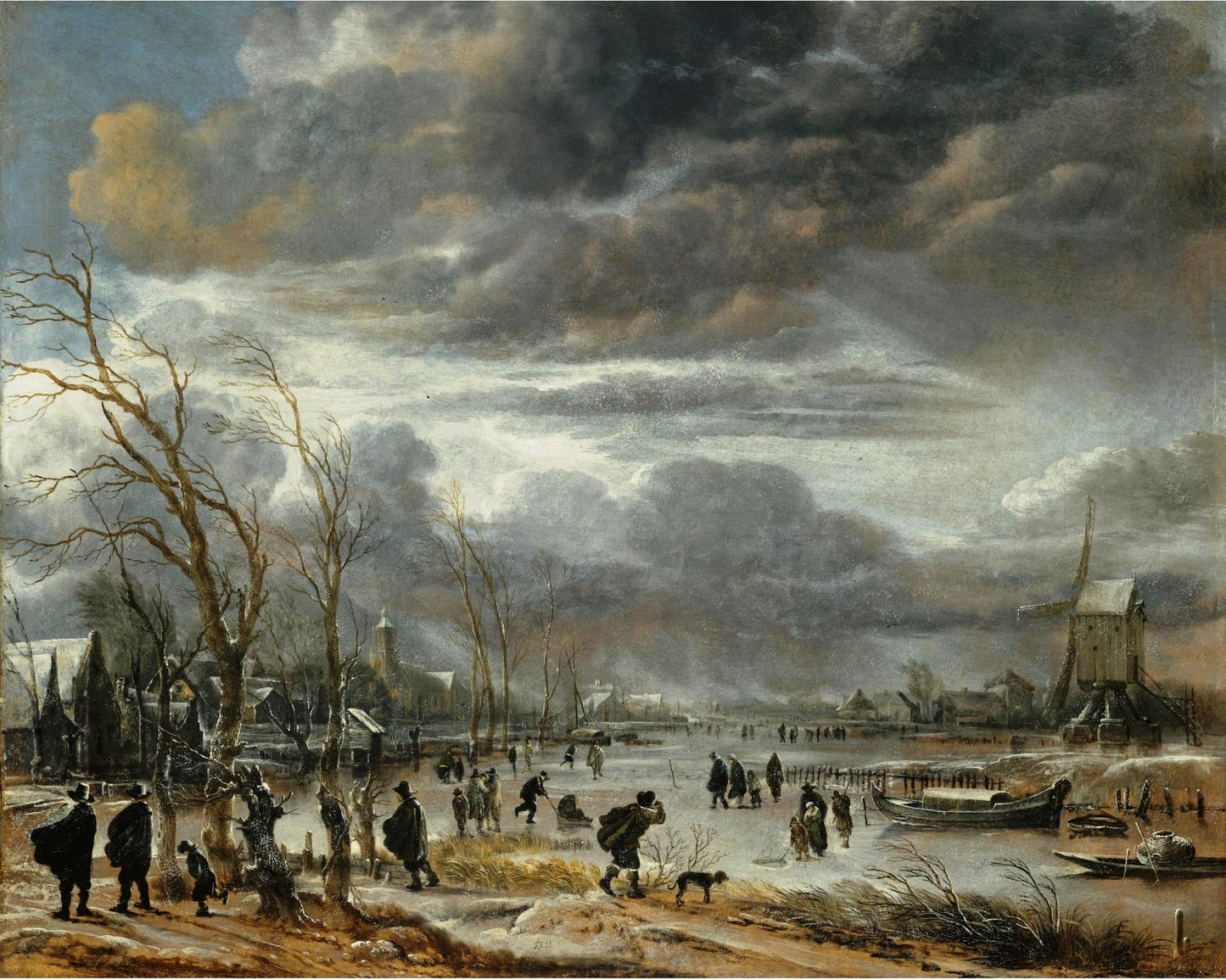 A winter lanscape with figures battling across a frozen river, vintage artwork by Aert van der Neer, 12x8" (A4) Poster