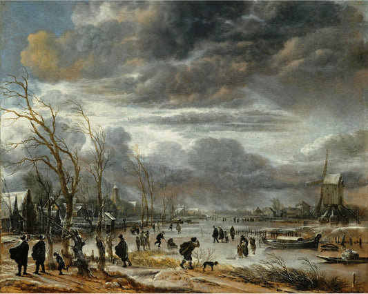 A winter lanscape with figures battling across a frozen river, vintage artwork by Aert van der Neer, 12x8" (A4) Poster