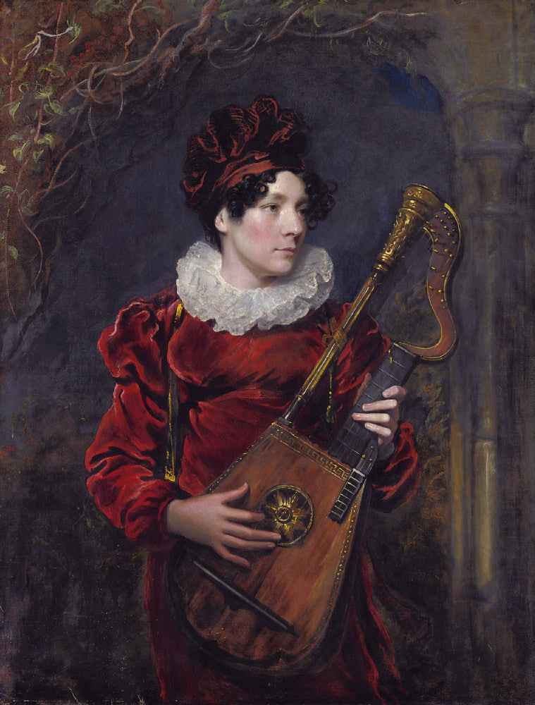 Kitty Stephens Playing a Harp Lute, vintage artwork by George Henry Harlow, 12x8" (A4) Poster