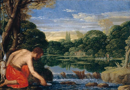 Wooded River Landscape with St John the Baptist, vintage artwork by Johann König, 12x8" (A4) Poster