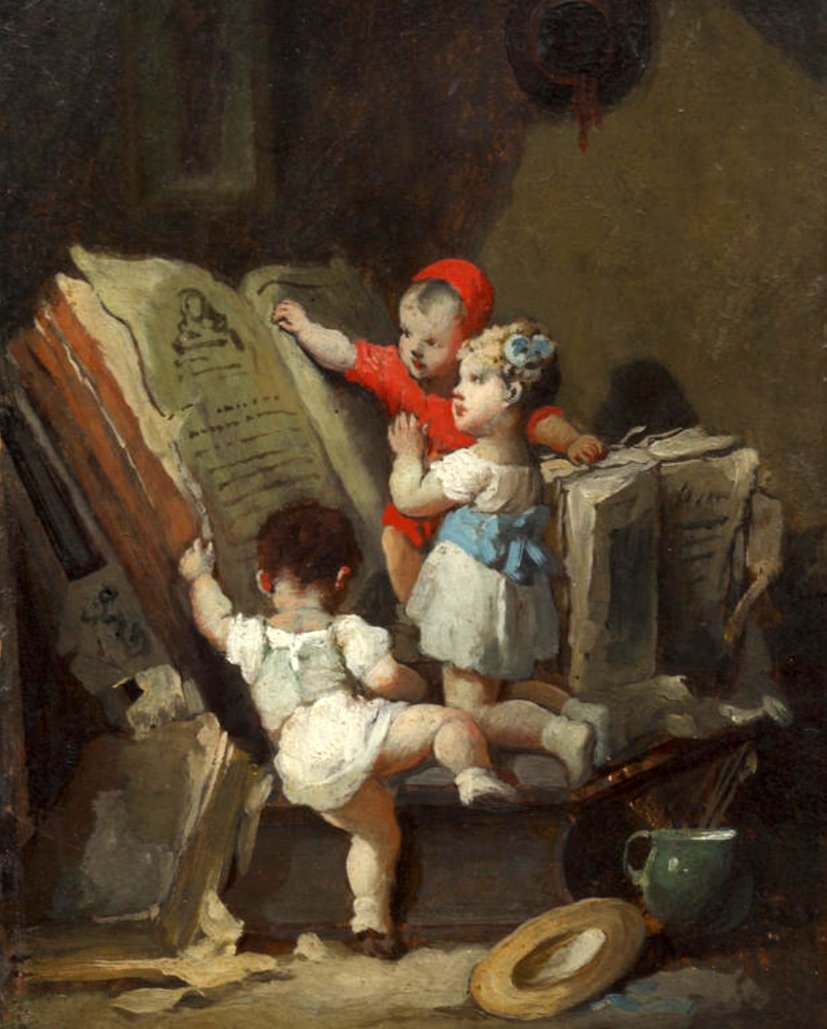Three Children before a Large Bible, vintage artwork by Francois-Louis Lanfant de Metz, A3 (16x12") Poster Print