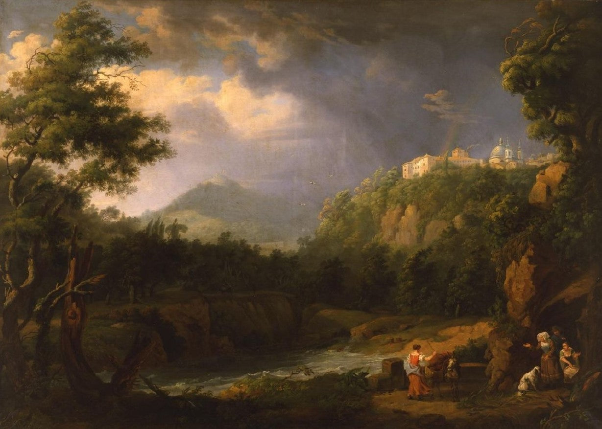 Landscape with Women and a Donkey, vintage artwork by Jakob Philipp Hackert, 12x8" (A4) Poster