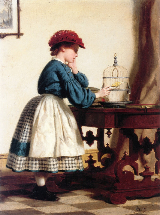 Girl with Canary, vintage artwork by Seymour Joseph Guy, 12x8" (A4) Poster