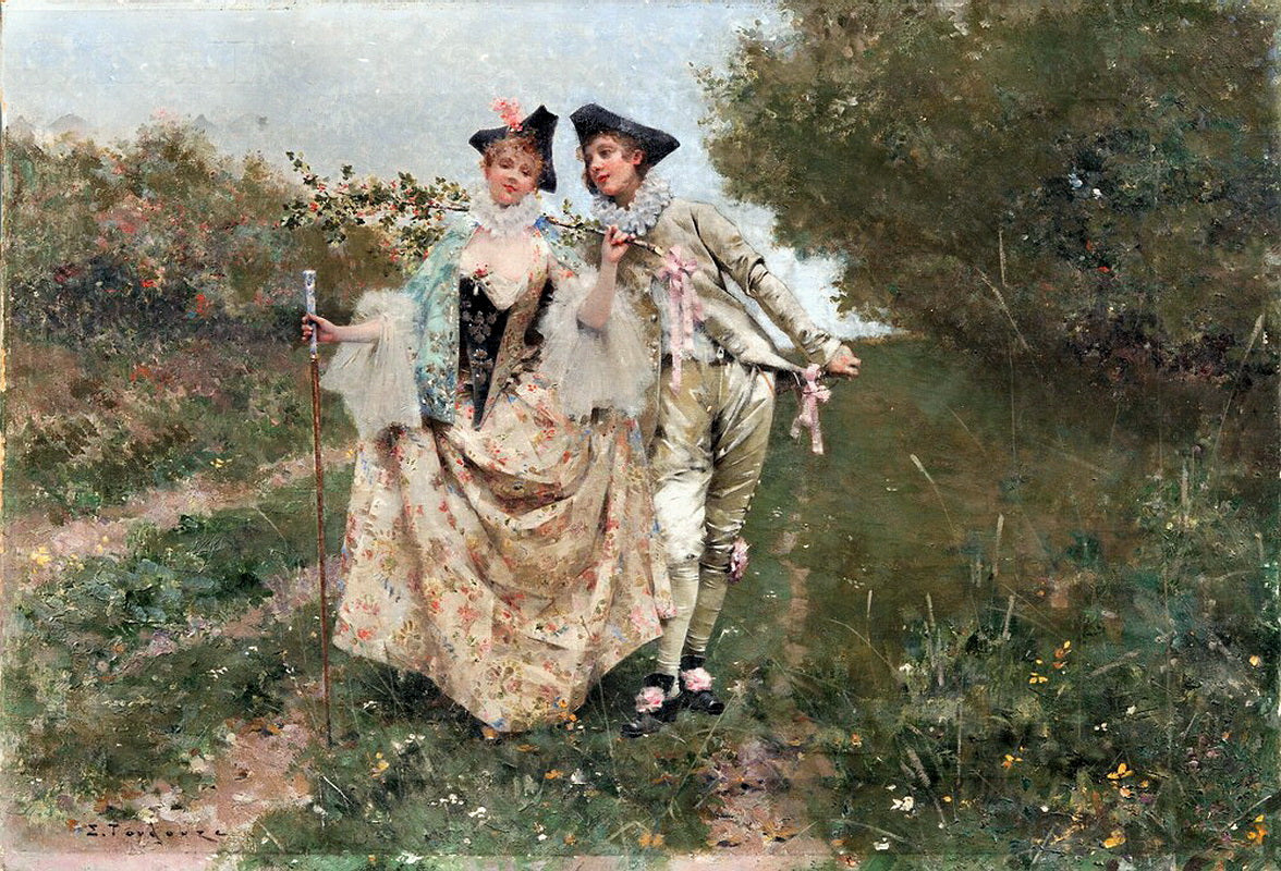 Courtly Couple Strolling in a Spring Landscape, vintage artwork by Edouard Toudouze, 12x8" (A4) Poster