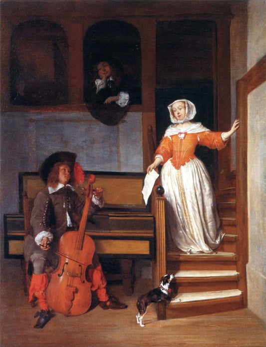 A Man Tuning a Violoncello and a Woman Descending the Stairs, vintage artwork by Gabriël Metsu, 12x8" (A4) Poster