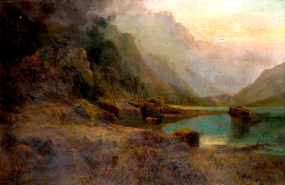 Highland Loch with Stag, vintage artwork by Thomas Henry Gibb, 12x8" (A4) Poster