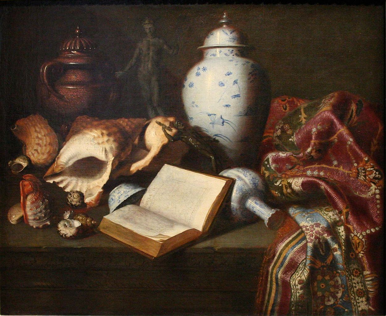Still Life with Chinese vase, shells, antique bronzes, books and carpet, vintage artwork by Meiffren Conte, 12x8" (A4) Poster