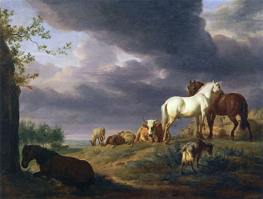 Landscape with Horses and Other Livestock, vintage artwork by Adriaen van de Velde, 12x8" (A4) Poster