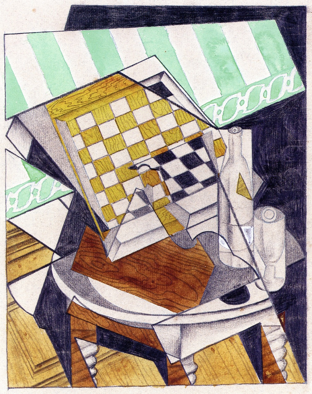 Checkerboard, Bottle and Glass on a Table, vintage artwork by Juan Gris, 12x8" (A4) Poster