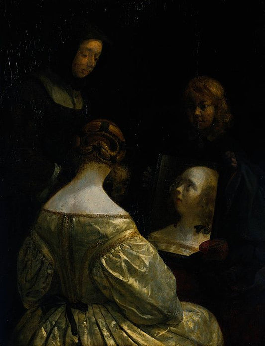 Woman at a Mirror, vintage artwork by Gerard ter Borch, 12x8" (A4) Poster