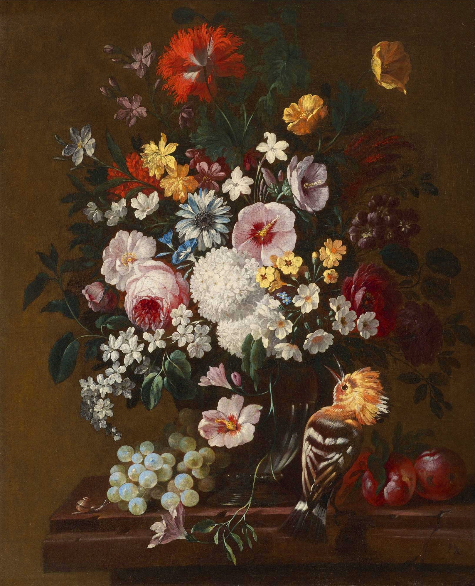 A Still Life with Flowers in a Glass Vase with a Hoopoe, Plums and a Bunch of Grapes, vintage artwork by Philip van Kouwenbergh, 12x8" (A4) Poster