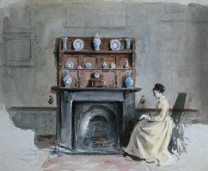 Lady Seated by  the Fireplace, vintage artwork by George Goodwin Kilburne, 12x8" (A4) Poster