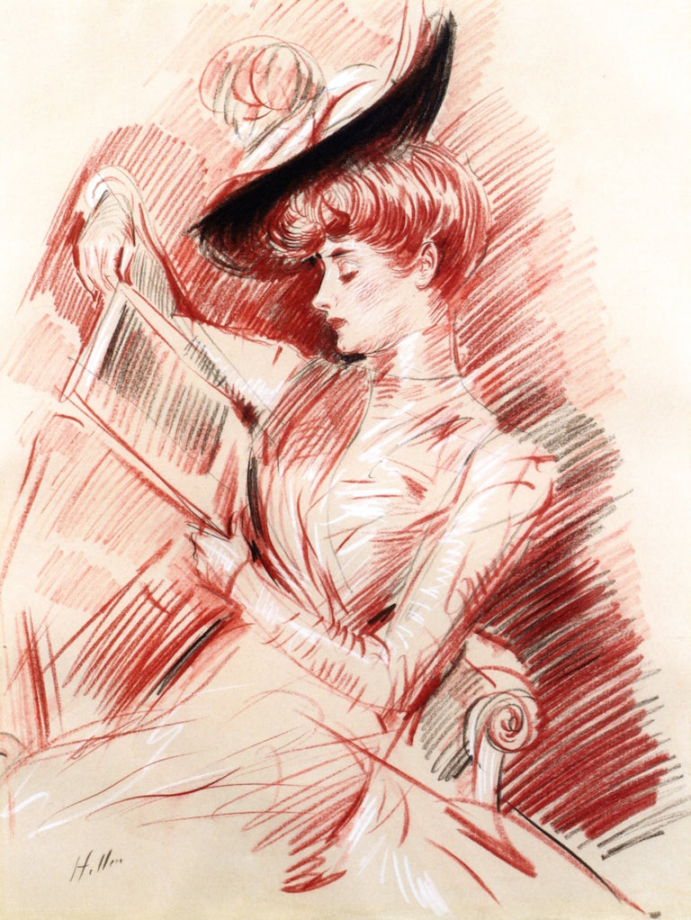 Madame Helleu Reading, vintage artwork by Paul Cesar Helleu, 12x8" (A4) Poster