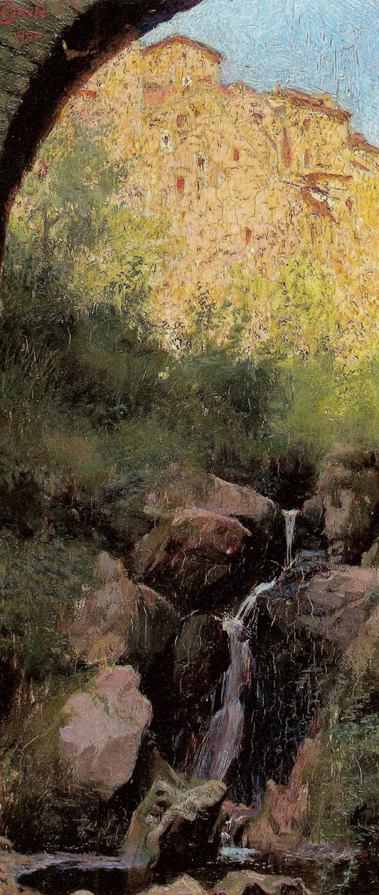 Landscape with a Waterfall and Castle, vintage artwork by Edward Okuń, 12x8" (A4) Poster