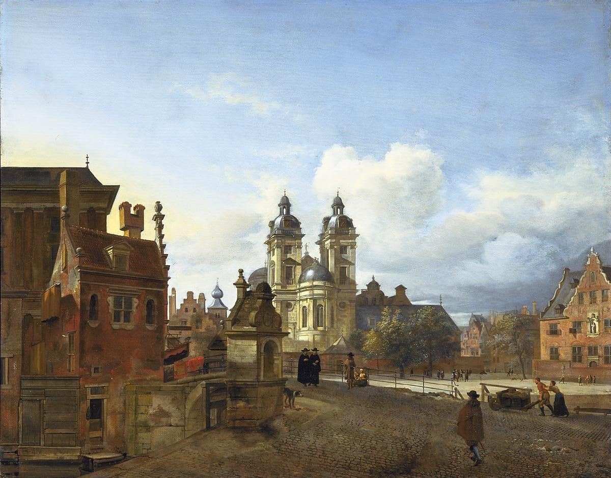 The Andreas Church in Düsseldorf, vintage artwork by Attributed to Jan van der Heyden, 12x8" (A4) Poster