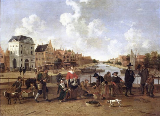 Market on the Rhine, vintage artwork by Hendrick van der Burgh, 12x8" (A4) Poster