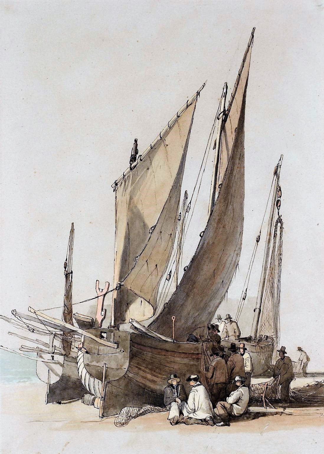 Fishing Boats, Hastings, vintage artwork by Samuel Prout, 12x8" (A4) Poster