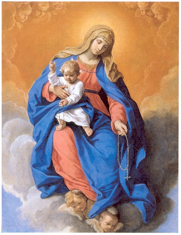 Our Lady of the Rosary with Child, vintage artwork by Simone Cantarini, 12x8" (A4) Poster