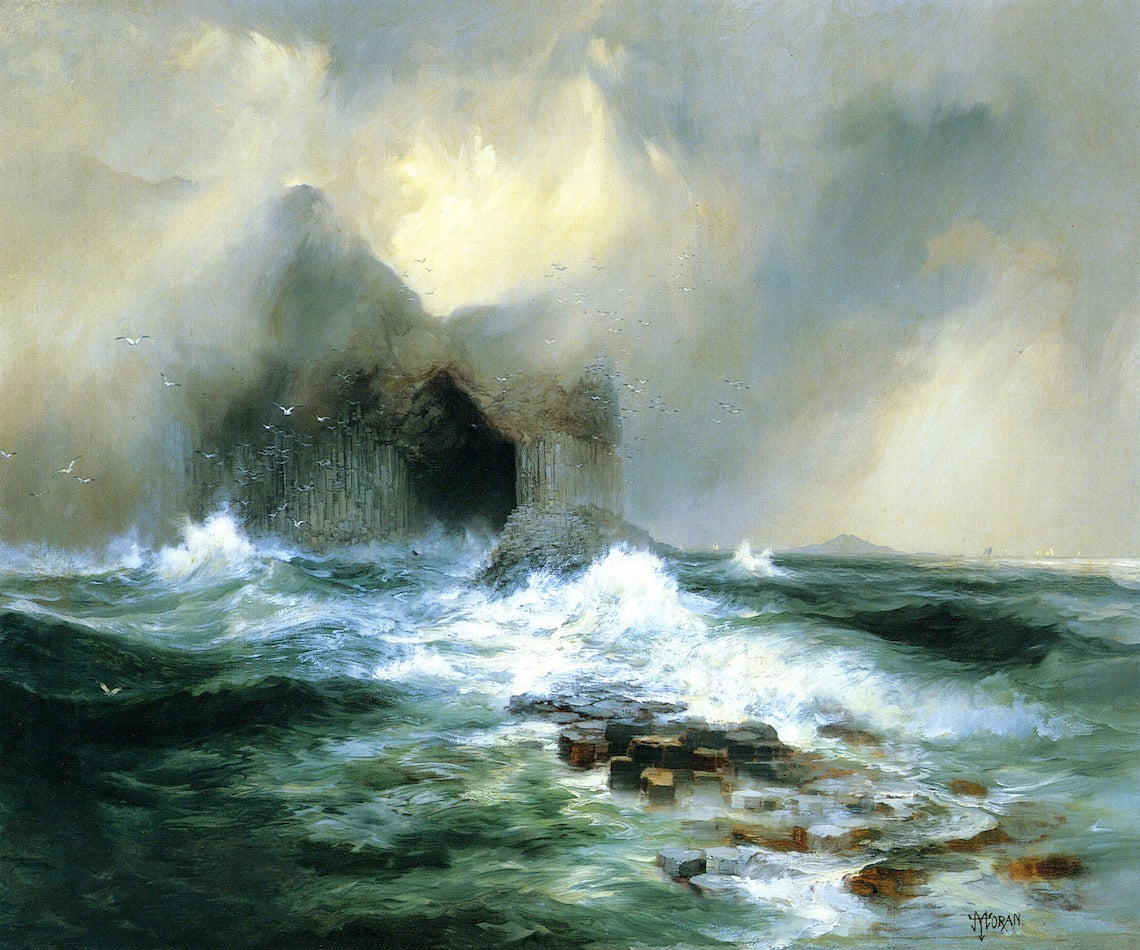 Fingal's Cave, Island of Staffa, Scotland, vintage artwork by Thomas Moran, 12x8" (A4) Poster