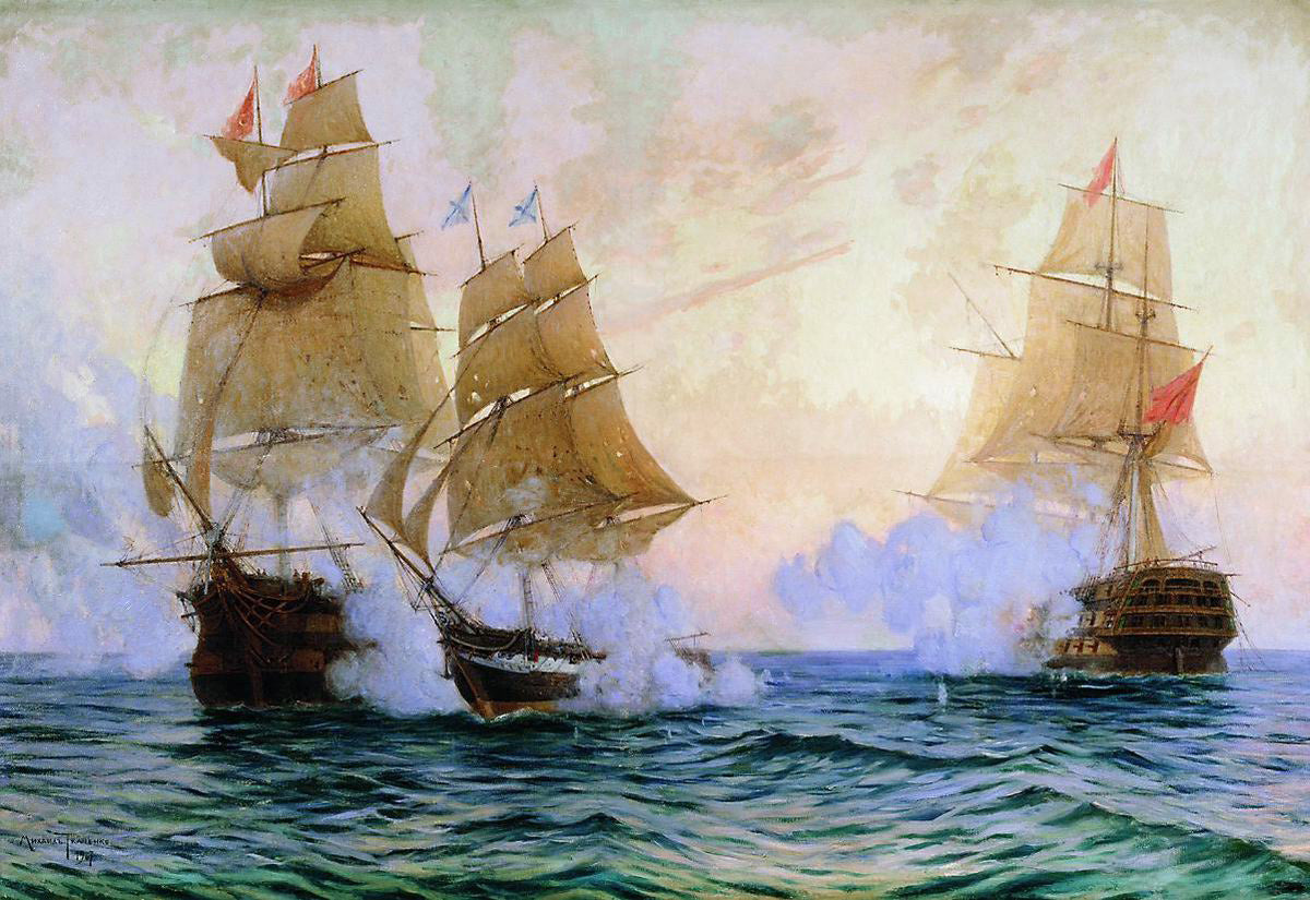 The Battle of the Mercury Brig and Turkish Ships, vintage artwork by Mikhail Tkachenko, 12x8" (A4) Poster