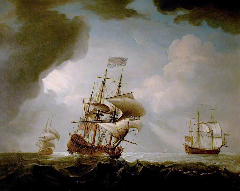 Three English Men-of-War Getting Underway in a Fresh Breeze, vintage artwork by Peter Monamy, 12x8" (A4) Poster