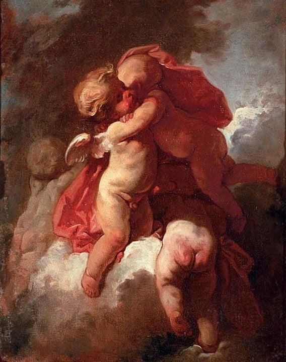 Four Putti on a Cloud, vintage artwork by Jean-Honore Fragonard, 12x8" (A4) Poster