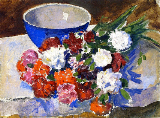 Blue Bowl and Carnations, vintage artwork by Paul Dougherty, 12x8" (A4) Poster