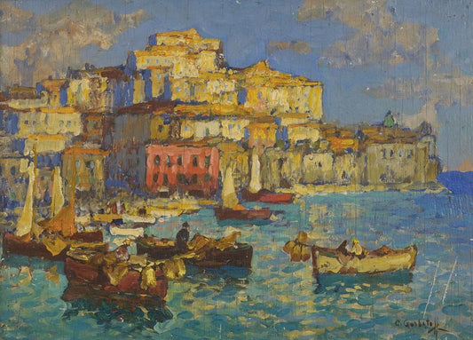 Harbor in Naples, vintage artwork by Konstantin Gorbatov, 12x8" (A4) Poster