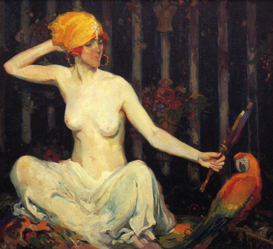 Woman with Parrot, vintage artwork by Alexander O. Levy, 12x8" (A4) Poster