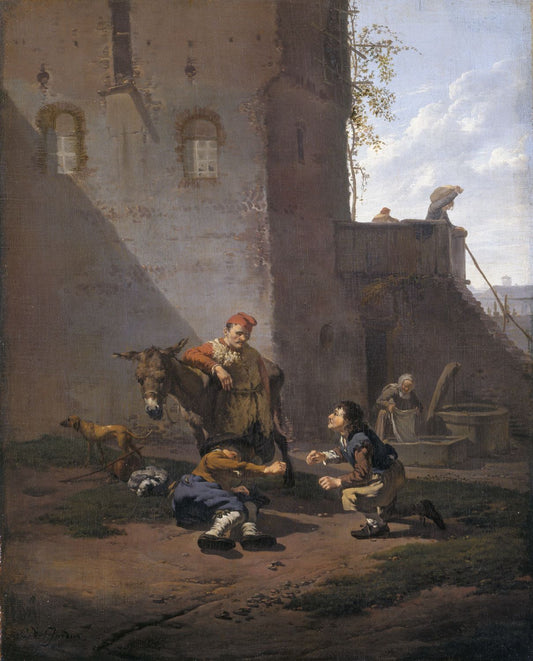 A Muleteer and Two Men Playing the Game of Morra, vintage artwork by Carel Dujardin, 12x8" (A4) Poster