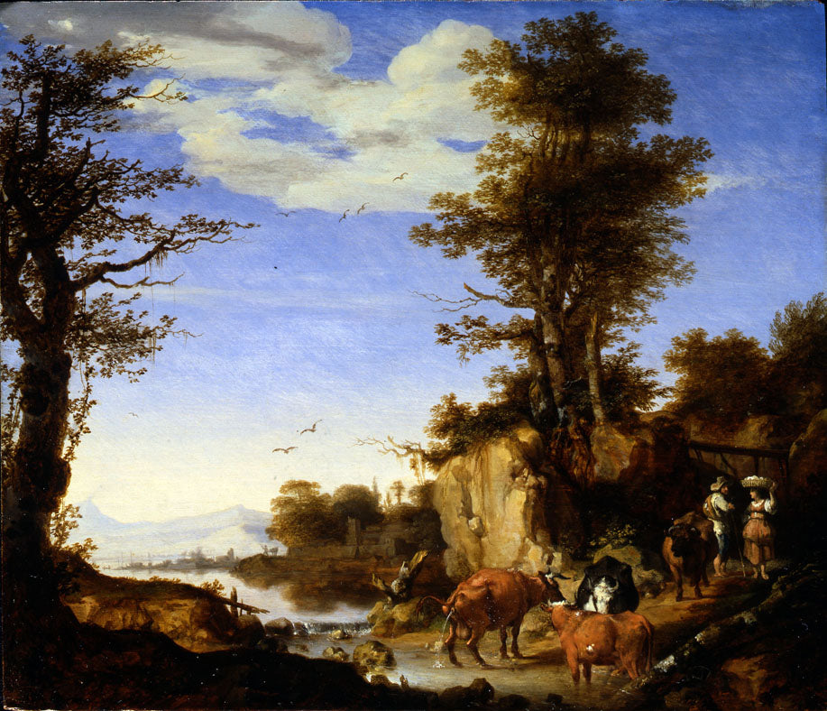 Landscape with Cows and River, vintage artwork by Ary de Vois, 12x8" (A4) Poster