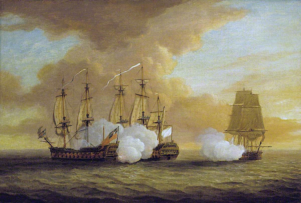Action between HMS 'Lion', 'Elizabeth' and the 'Du Teillay', 9 July 1745, vintage artwork by Dominic Serres, 12x8" (A4) Poster