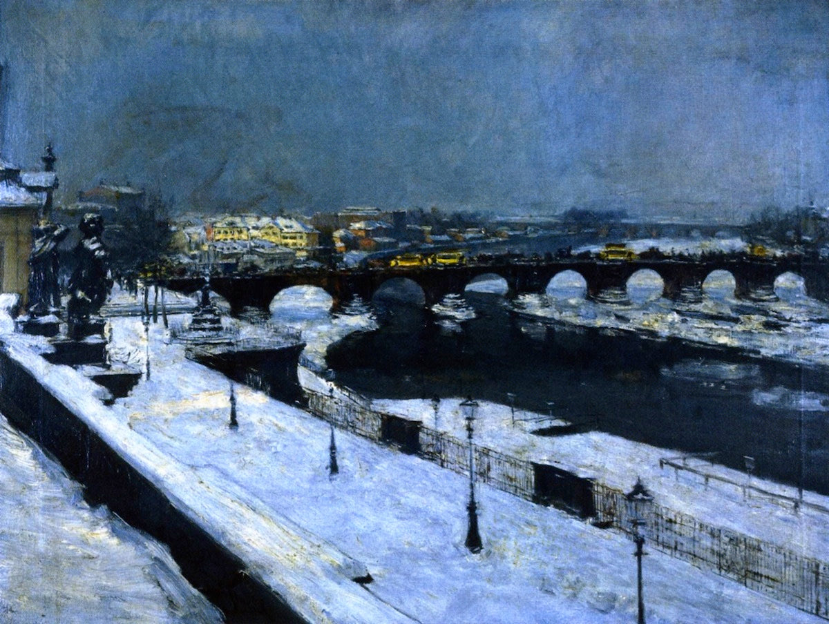 The Augustus Bridge in Dresden in Winter, vintage artwork by Gotthardt Kuehl, 12x8" (A4) Poster