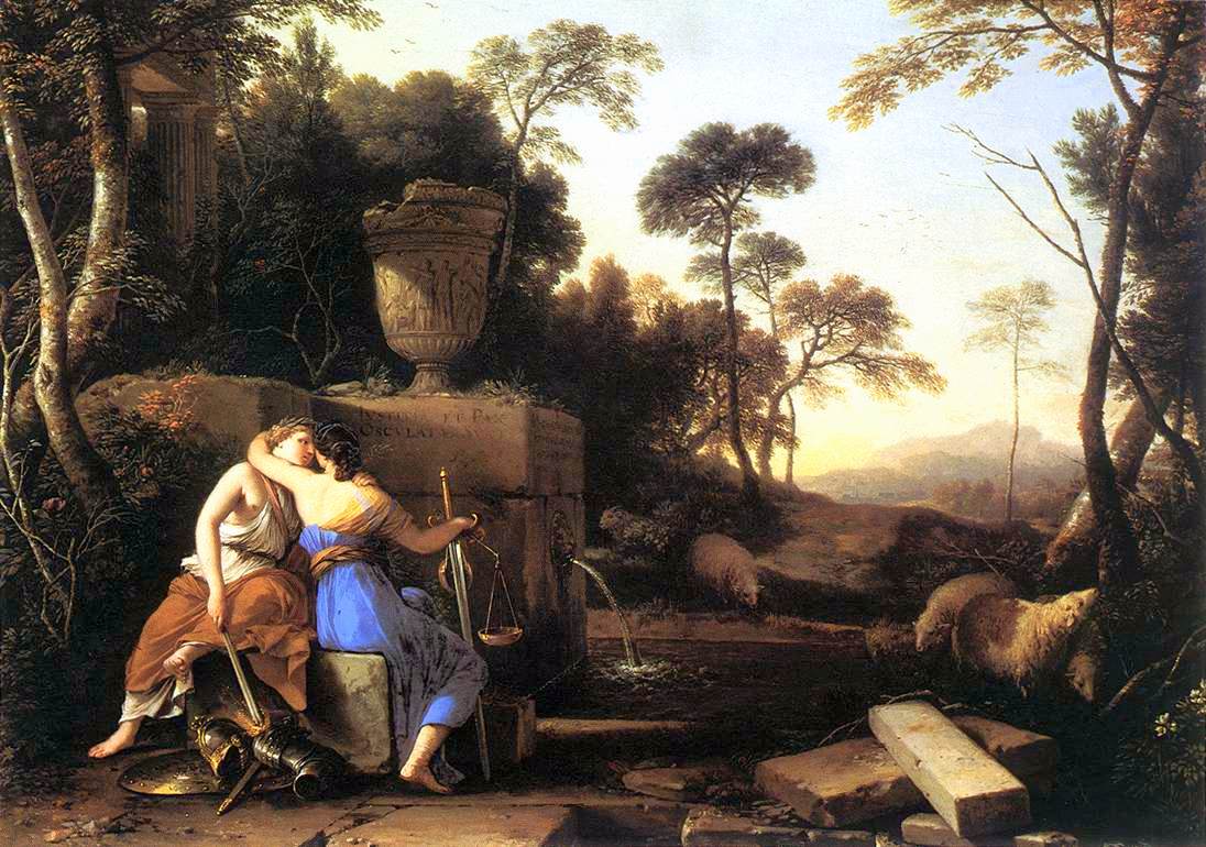 Landscape with Peace and Justice Embracing, vintage artwork by Laurent de La Hyre, 12x8" (A4) Poster