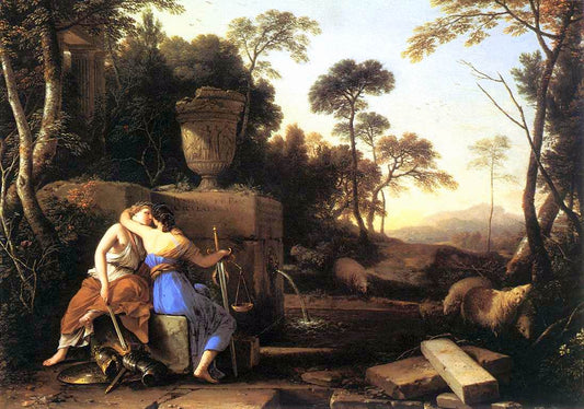 Landscape with Peace and Justice Embracing, vintage artwork by Laurent de La Hyre, 12x8" (A4) Poster