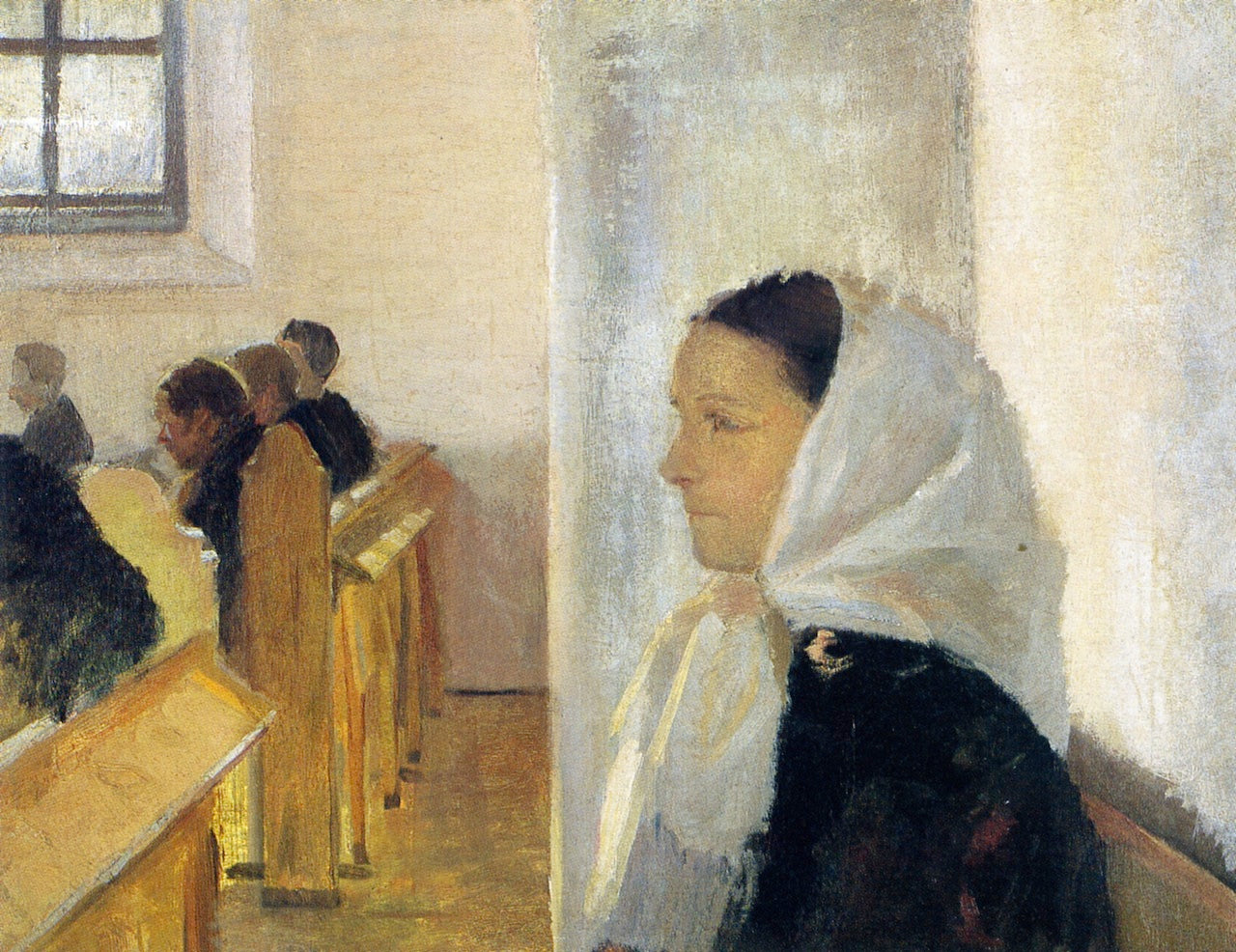 Young Girl with White Scarf in the Skagen Church, vintage artwork by Anna Ancher, 12x8" (A4) Poster