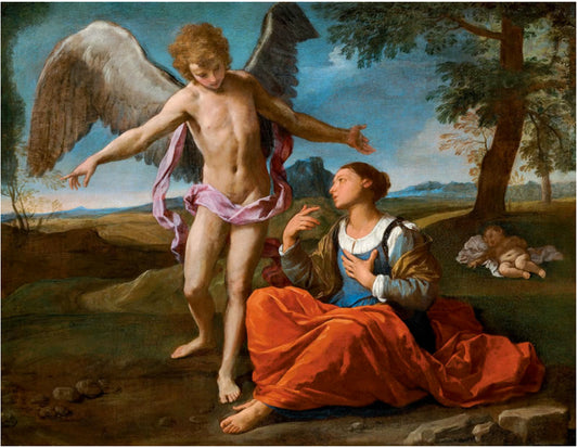 Archangel Michael with Hagar and Ishmael in the Desert, vintage artwork by Simone Cantarini, 12x8" (A4) Poster