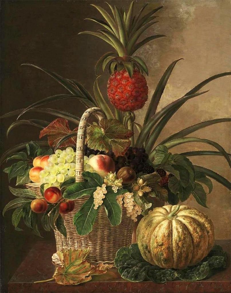 Pineapple, grapes, peaches, nuts, and berries in a basket, on a marble ledge, vintage artwork by Johan Laurentz (J.L.) Jensen, A3 (16x12") Poster Print