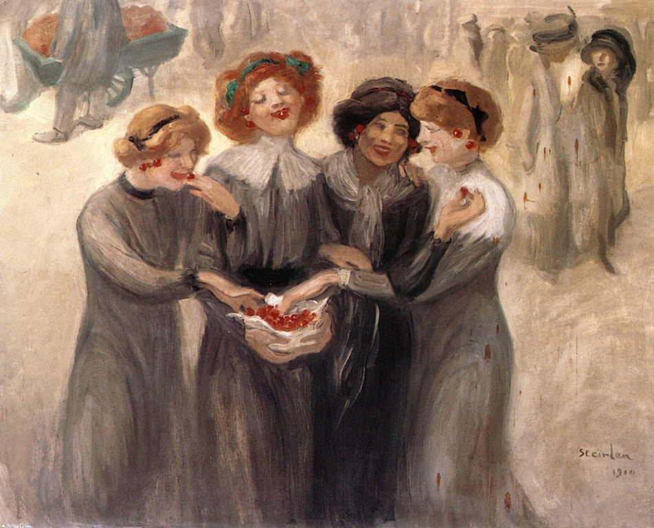 Four Women with a Basket of Cherries, vintage artwork by Theophile-Alexandre Steinlen, 12x8" (A4) Poster