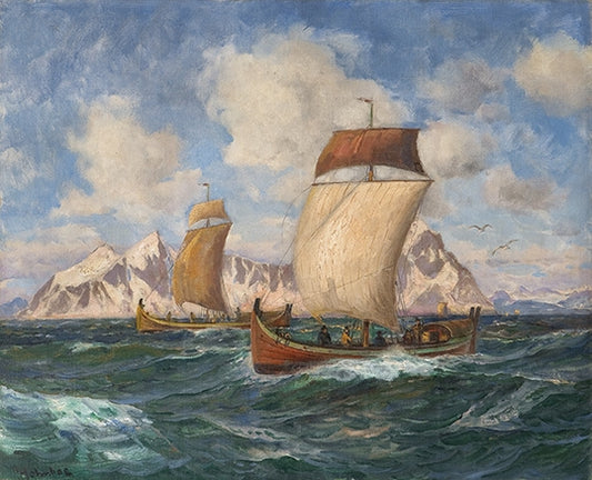 Longboats in a Fresh Breeze, vintage artwork by Thorolf Holmboe, 12x8" (A4) Poster