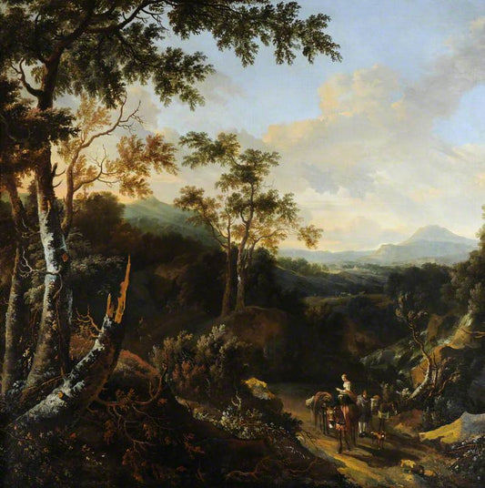 Wooded Landscape with Peasants and Donkeys on a Path, vintage artwork by Frederick de Moucheron, 12x8" (A4) Poster