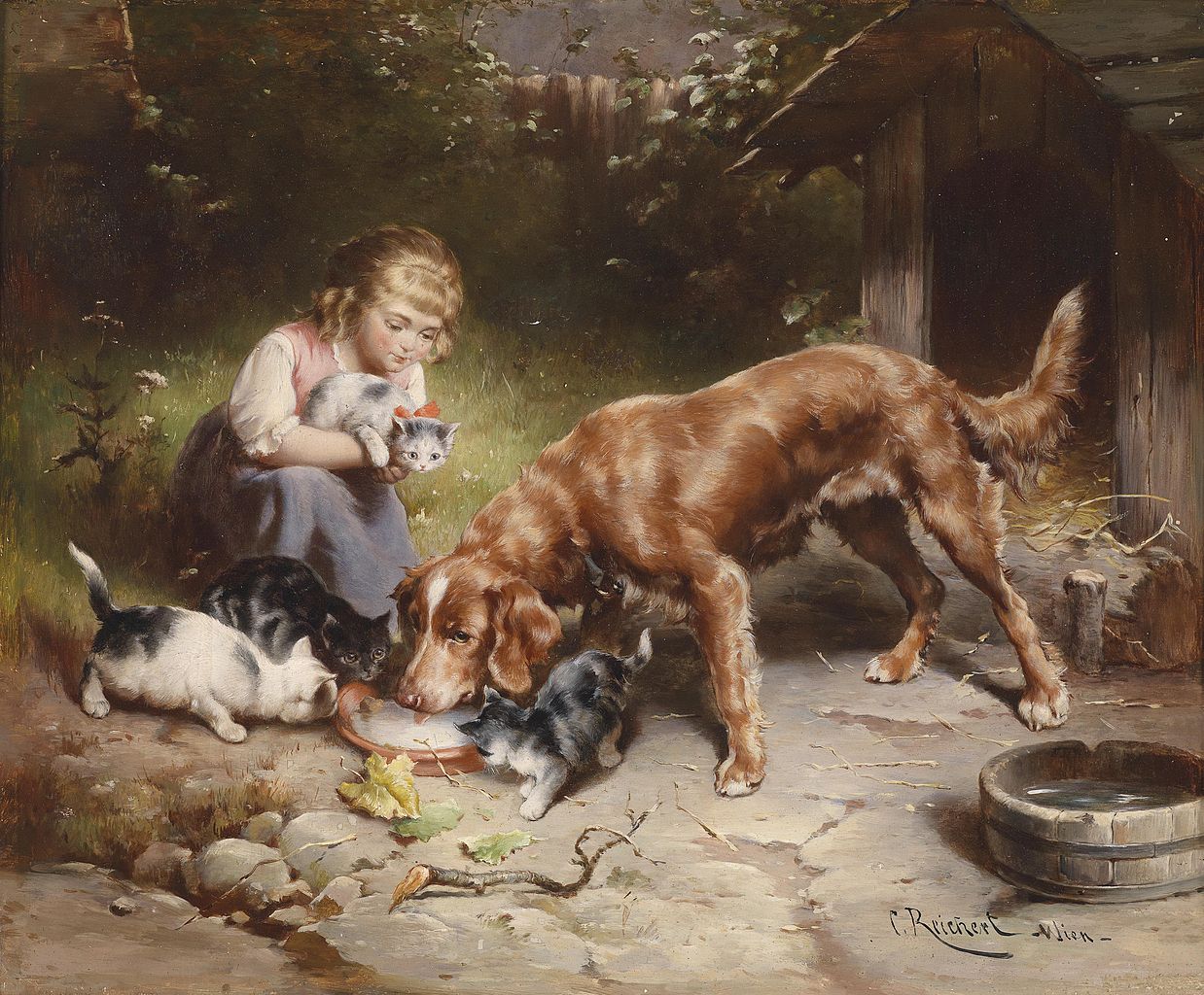 Girl with dog and cats, vintage artwork by Carl Reichert, 12x8" (A4) Poster