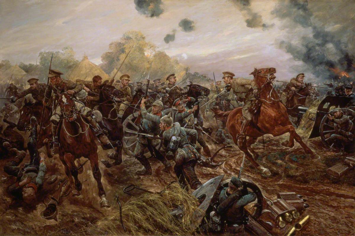 The First Victoria Cross of the European War, 1914, vintage artwork by Richard Caton Woodville the Younger, 12x8" (A4) Poster