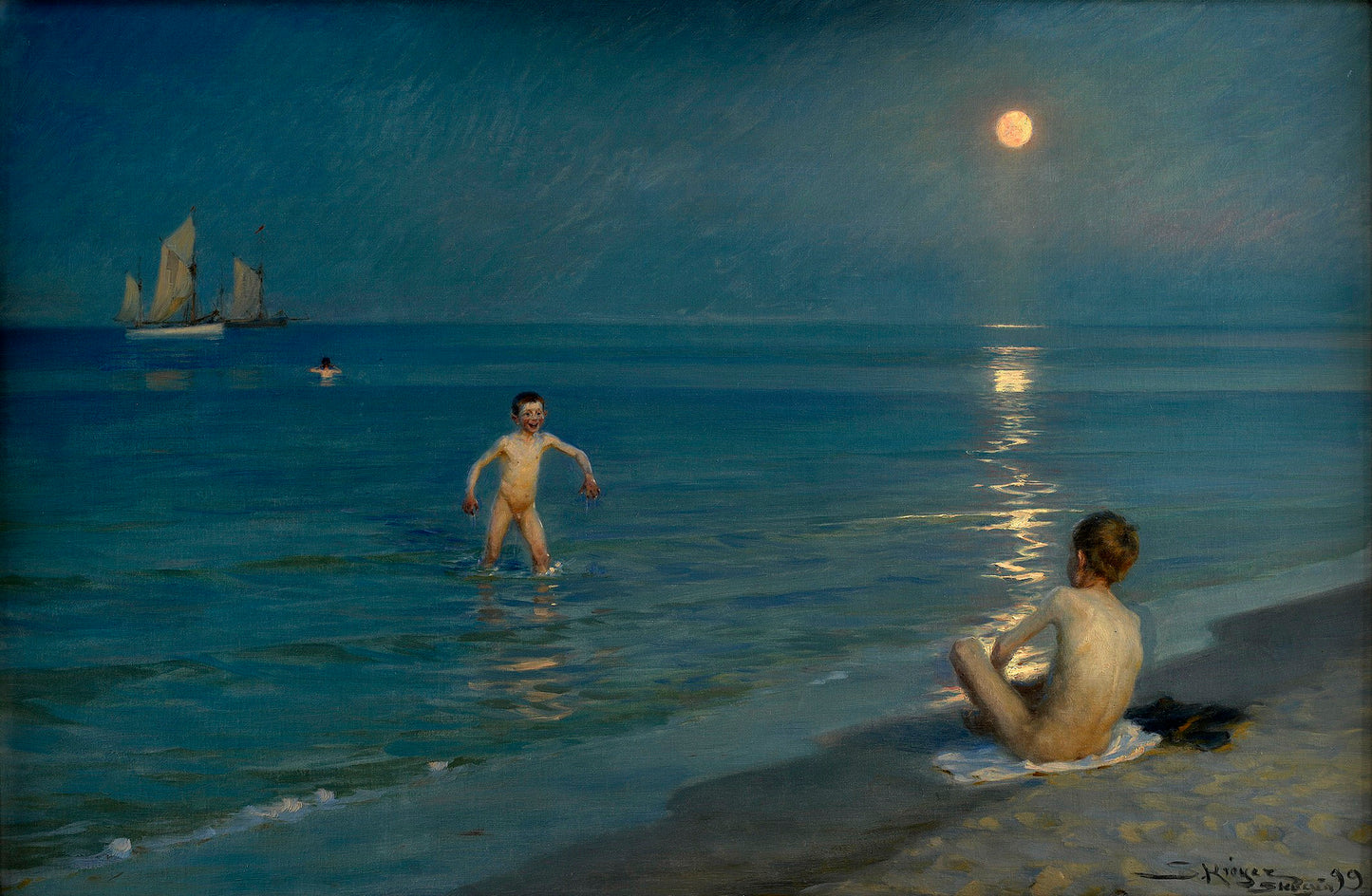 Boys Bathing at Skagen, Summer Evening, vintage artwork by Peder Severin Kroyer, 12x8" (A4) Poster