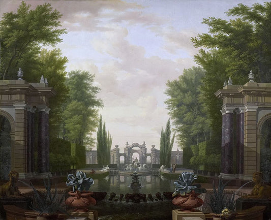 Pool with Statues and Buildings in a Park, vintage artwork by Isaac de Moucheron, 12x8" (A4) Poster