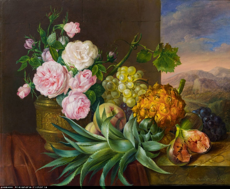 Still life with roses, grapes, figs and pineapple, vintage artwork by Franz Xavier Petter, A3 (16x12") Poster Print