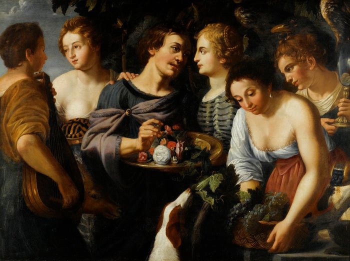 Allegory of the five senses, vintage artwork by Follower of Nicolas Regnier, 12x8