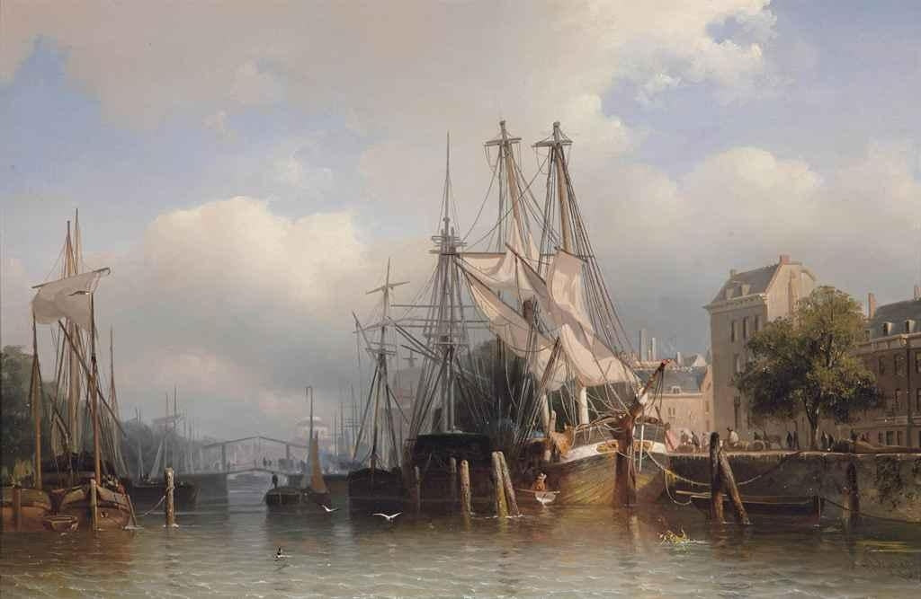 Rotterdam with a View of the Leuvenaven with the Steigerse Kirk in the Distance, vintage artwork by Frans Arnold Breuhaus de Groot, 12x8" (A4) Poster